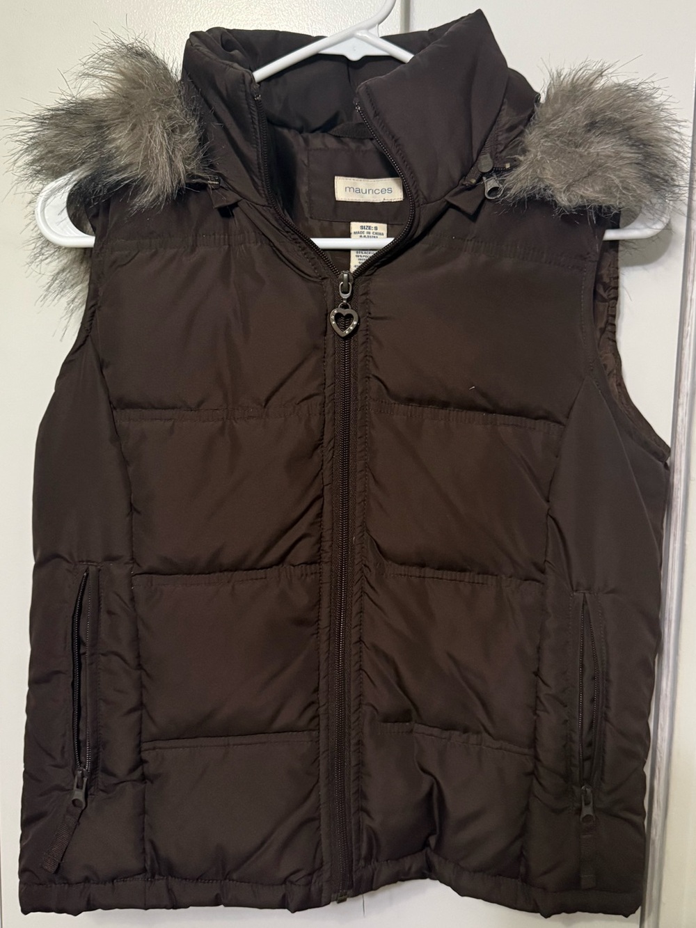Maurices Brown Puffer Vest with Faux Fur Trim